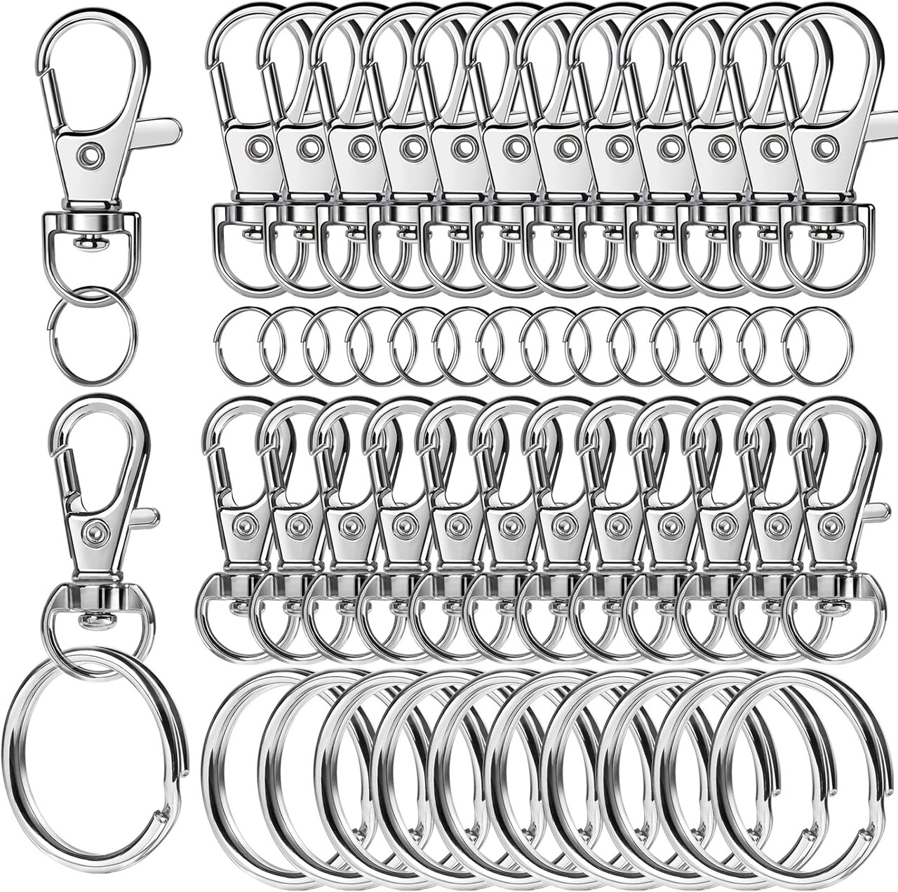 60-Piece Keychain Making Kit – Swivel Snap Hooks, Metal Split Rings, Key Rings & Clips for Keys, Jewelry, Crafts, and DIY Projects, Silver
